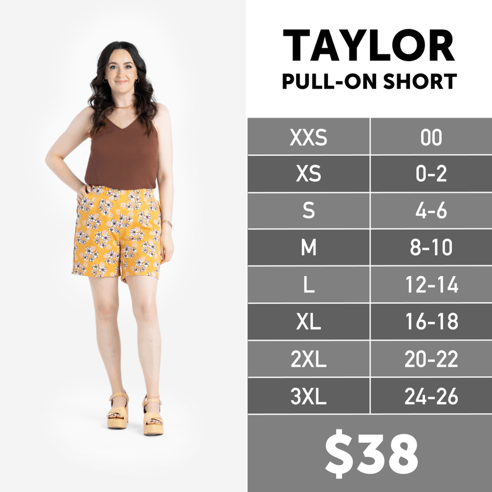 Taylor Pull on Shorts Size Chart
